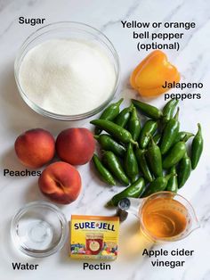 ingredients to make peaches on a marble counter top