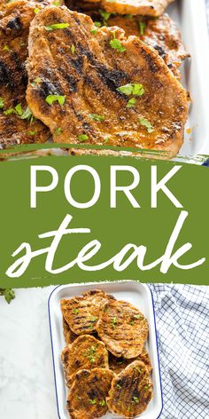 pork steak on a white plate with parsley garnish and the title overlay reads pork steak