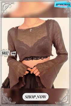 Long Flared Sleeve Boat Neck Knitted Crochet Crop Top Cropped Open Knit Top For Fall, Fall Open Knit Cropped Top, Fitted Open Knit Fall Top, Fitted Open Knit Top For Fall, Fitted Brown Open Knit Tops, Fall Cropped Open Knit Tops, Knot Crop Top, Crochet Crop, Crochet Crop Top