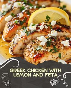 grilled chicken with lemon and feta on a plate