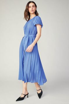 Delicate stripes trace the pleating of this short-sleeve midi dress. It's got so much movement and dimension, plus a buttoned keyhole at the back and a tie belt to define the waist. •Round neckline with keyhole at back •Short sleeves •Allover pleating •Optional tie belt •Mid-length hem Item number 2490154 100% Polyester Blue Pleated Midi Dress For Spring, Blue Midi-length Pleated Dress For Spring, Blue Pleated Short Sleeve Midi Dress, Blue Pleated Waist Midi Dress, Blue Pleated Midi Dress With Short Sleeves, Spring Pleated Dress With Short Pleated Sleeves, Blue Midi Dress With Pleated Back, Spring Pleated Dress With Short Sleeves, Spring Short Sleeve Pleated Dress With Pleated Sleeves