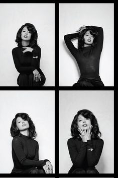 black and white photos of a woman with her hands on her head, posing for the camera