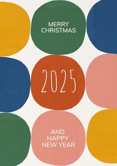 a christmas card with colorful circles and the words merry christmas, 205 and happy new year