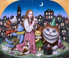 a painting of a girl with cats and mice in front of a cityscape