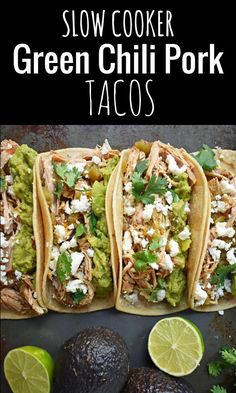 slow cooker green chili pork tacos with avocado and cilantro