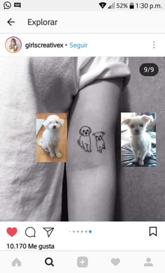 a person with a small tattoo on their arm, and an image of a dog