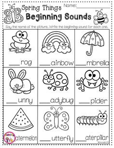 the beginning sound worksheet for spring with pictures of animals and insects on it