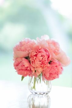 pink peonies in a glass vase on a table