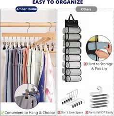 the closet organizer is organized and ready to be hung on hooks, clothes hangers, and other items