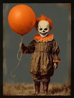 a creepy clown holding an orange balloon