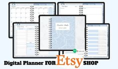 the digital planner for etsy shop is shown in three different sizes and colors, with text