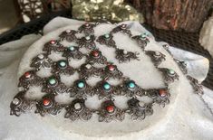 Circa 1800s Beautiful Art Nouveau Austro Hungarian Sterling Silver Coral Persian Turquoise Mother of Pearl Antique Festoon Bib Necklace See matching earrings in link below https://www.etsy.com/listing/693901515/circa-1800s-beautiful-art-nouveau-austro?ref=shop_home_active_1&frs=1 Traditional Turquoise Filigree Jewelry, Traditional Turquoise Jewelry With Filigree, Handmade Victorian Turquoise Jewelry, Handmade Turquoise Victorian Jewelry, Handmade Victorian Necklace For Festival, Handmade Victorian Necklaces For Festival, Bohemian Filigree Jewelry Vintage Collection, Persian Turquoise, Austro Hungarian