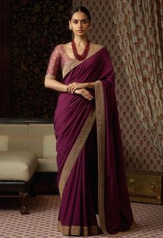 This saree featured in purple color silk. The border of the saree is handcrafted in zardozi work. The blouse is in light purple color with zardozi embroidery on it. This saree can be customized in any color of your choice. Purple Sari, Sabyasachi Sarees, Modern Saree, Indian Fashion Saree, Indian Bridal Fashion, Purple Colour, Saree Trends, Elegant Saree, Stylish Sarees