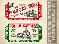 two tickets for polar express and the north pole railway are shown in red, green and white