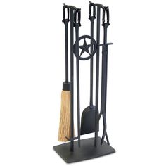 a metal rack with two brooms and some sort of holder on it's side