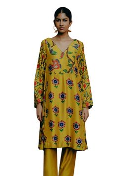 Yellow kurta featuring kalamkari print with hand embroidered neckline. Paired with a chanderi silk solid salwar. - Aza Fashions Yellow Block Print Straight Kurta, Yellow Straight Kurta With Block Print, Unstitched Yellow Kurta With Block Print, Yellow Block Print Chanderi Kurta, Yellow Chanderi Kurta With Block Print, Yellow Floral Print Palazzo Set With Straight Kurta, Yellow Kalamkari Print Kurta For Festive Occasions, Yellow Kalamkari Print Kurta For Festive Season, Yellow Kalamkari Print Kurta For Diwali