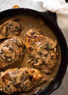 chicken with mushrooms and gravy in a skillet