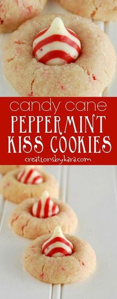 candy cane peppermint kiss cookies with white frosting and red stripes on top