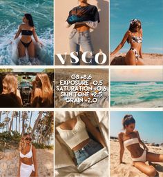 various photos of women in bikinis on the beach with text that reads v - sco