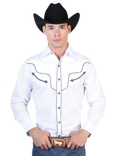 Camisa Vaquera Bordada Manga Larga Blanco para Hombre 'El General' - ID: 42518 Fitted White Western Shirt, Denim Shirt For Men, Denim Shirt Style, Kids Blazers, Rodeo Boots, Father Son Shirts, Embroidered Denim Shirt, Denim Shirt Men, Vest Blazer