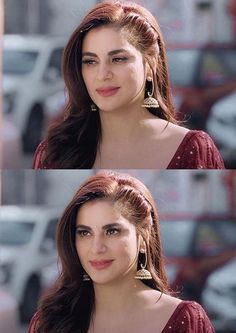 two pictures of a woman with long hair and wearing large earrings, one in red