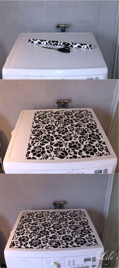 two pictures of an old washing machine with black and white stencils