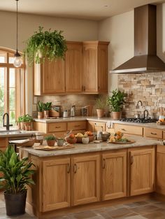 a kitchen filled with lots of wooden cabinets and counter top next to a stove top oven