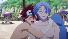 two anime characters hugging each other on the beach