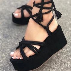 Category:Sandals; Upper Materials:Synthetics; Embellishment:Lace-up; Season:Summer; Heel Type:Platform,Wedge Heel; Gender:Women's; Activity:Walking; Toe Shape:Round Toe,Open Toe; Style:Casual,Sweet; Heel Height(inch):3-4; Outsole Materials:Rubber; Occasion:Beach,Office,Outdoor,Daily; Closure Type:Lace-up; Pattern:Solid Colored; Production mode:Self-produce; 2024 Trends:Lace Up Sandals Strappy Sandals,Wedge Sandals,Wedge Heels,Platform Sandals,Plus Size; Foot Length:; Foot Width:; Size chart date Tie Sandals, Modern Sandals, Roman Sandals, Black Strappy Sandals, Platform Wedge Heels, Lace Up Wedges, Womens Sandals Wedges, Stylish Sandals, Platform Wedge Sandals