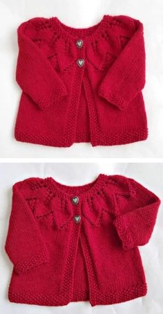 two pictures of red sweaters with buttons on the front and back, one is knitted