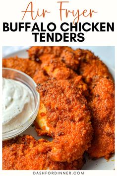 air fryer buffalo chicken tenders on a plate with ranch dip in the middle