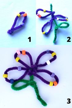 four pictures showing the steps to make a flower made out of beads and yarns