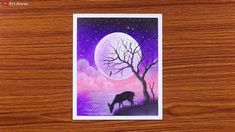 a painting of a horse grazing in front of a full moon