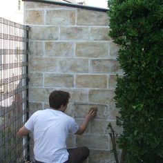 a man is painting the side of a brick wall with white paint and green plants