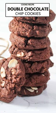 chocolate cookies stacked on top of each other with the words double chocolate chip cookies above them