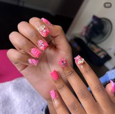 Kaws Nails Design With Charms, Short Kaws Acrylic Nails, Kaws Nails Design Short Pink, Pink Kaws Acrylic Nails, Pink Acrylic Nails Charms, Turquoise Acrylic Nails, Girls Nail Designs