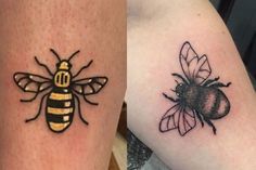 two tattoos with bees on their legs, one is yellow and the other is black