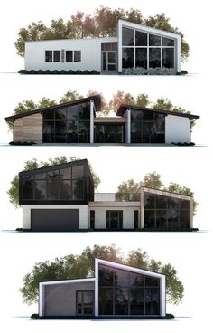 three different views of a house with trees in the back ground and windows on top