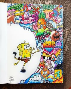 an open book with cartoon drawings on the pages and in front of it is a drawing of spongebob