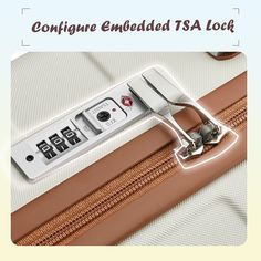 a close up of a piece of luggage with the words configure embedded tsa lock