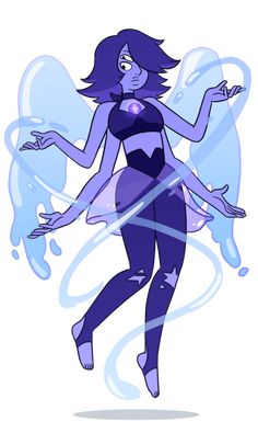 a cartoon character with purple hair and blue bodysuit, holding her hands out in the air