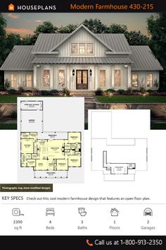 the floor plan for this modern farmhouse house is very large and has three bedroom, two bathrooms