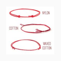 three different types of red string bracelets with names on each side and the words cotton, nylon, waxed cotton