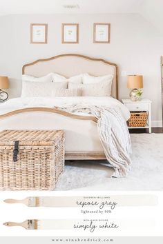 a white bedroom with wicker baskets on the floor and pictures above it that say simply white