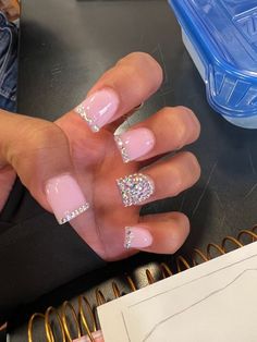 Short Nails For Prom, Prom Nails Acrylic Short Square, Prom Short Nails, Short Pink Nails With Rhinestones, Short Set Nails, Short Acrylic Nails With Rhinestones, Nails Acrylic French Tips, Short Glam Nails, Birthday Sets Nails