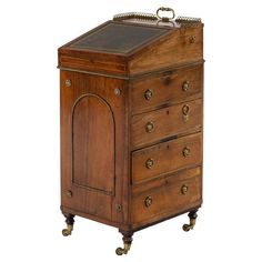 an old wooden chest with metal handles and knobs on the front, sitting against a white background