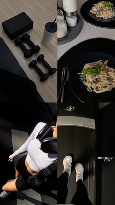 a woman sitting at a table in front of a black plate with food on it