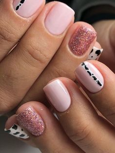 short pale pink and glitter nails with Dalmatian print Pink And Glitter Nails, Nail Routine, Pink And Glitter, Pale Pink Nails, Pink Nail Colors, Korean Nail Art, Pink Glitter Nails