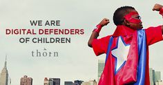 a young boy wearing a cape and mask with the words we are digital defenders of children