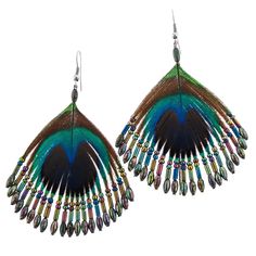 peacock feather earrings with multicolored beads